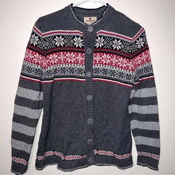 Woolrich Women’s Red and Gray Button Front Cardigan Fairisle Sweater Size Medium - Picture 7 of 9